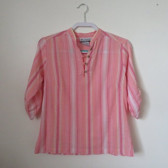 Columbia Sportswear Pink Striped Gauzy Cotton Top 3/4 Sleeve Women's L - Picture 1 of 8
